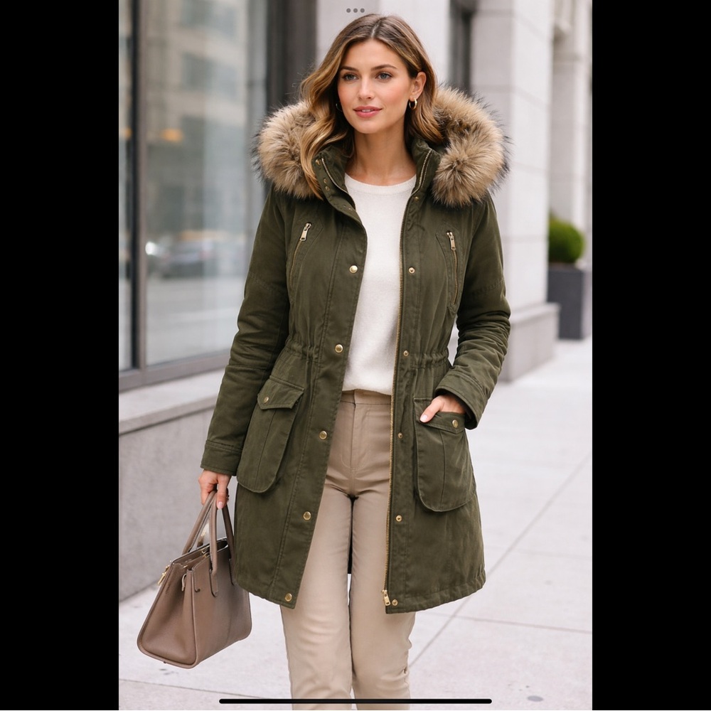 BCBG Faux Fur Hood City Coat Olive Utility Parka Jacket M